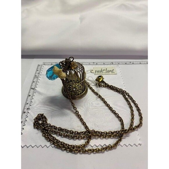 Parklane Birdcage Necklace 30" Long with Turquoise Blue Crystal and White Flower - Picture 3 of 7